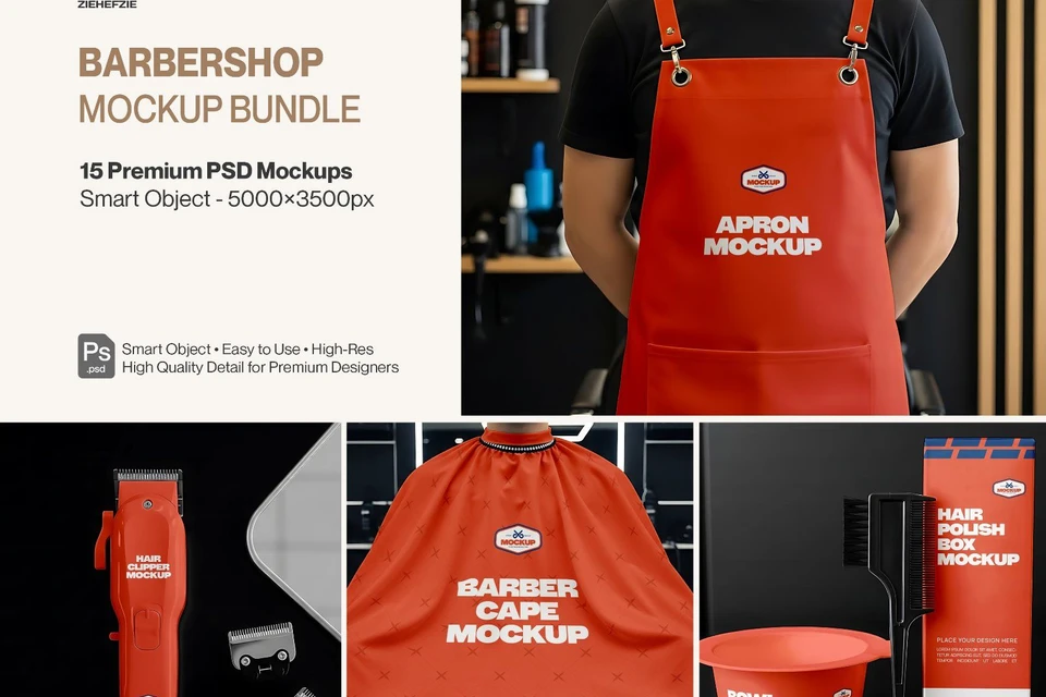 Barbershop Mockup Bundle – 15 Premium PSD for Barber Branding & Grooming Products