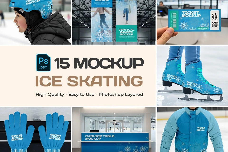 Premium Ice Skating Branding Mockup Bundle – 15 PSD Templates for Winter Sport & Rink Promotions