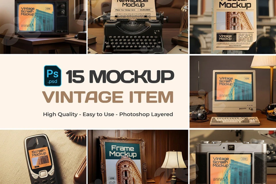 Vintage Item Mockup Bundle – 15 PSD Templates for Retro Branding & Classic Design