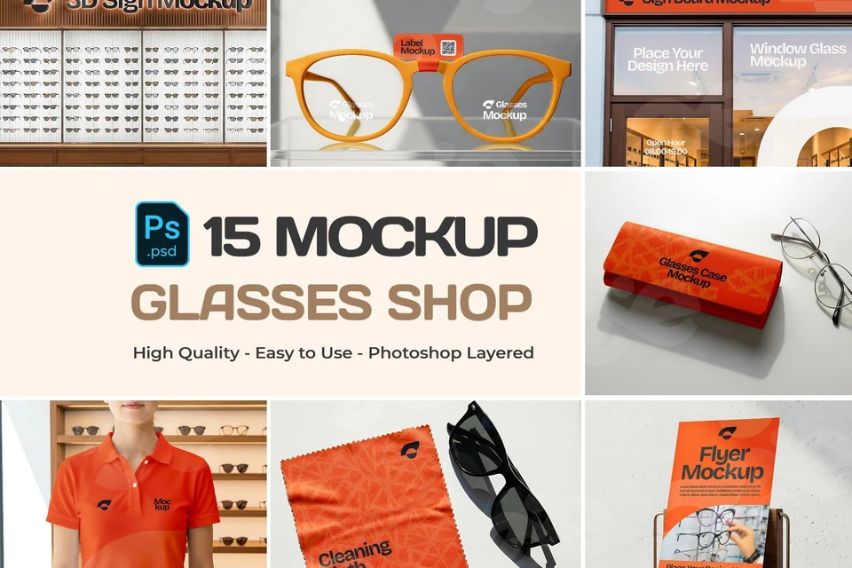 Glasses Shop Mockup Bundle - 15 PSD Templates for Eyewear Branding & Store Display