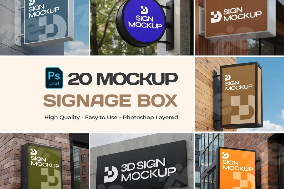 Signage Box Mockup Bundle – 20 PSD Templates for Storefront & Outdoor Branding
