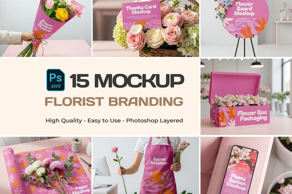 Florist Shop Mockup Bundle – 15 PSD Templates for Florist Branding & Packaging Design