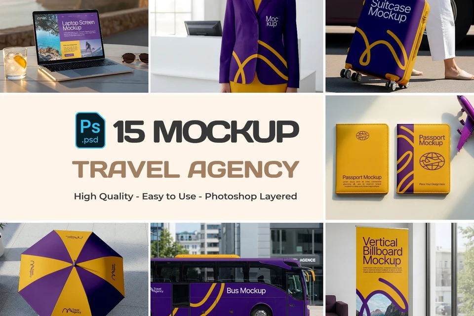 15 PSD Travel Agency Branding Mockup Bundle