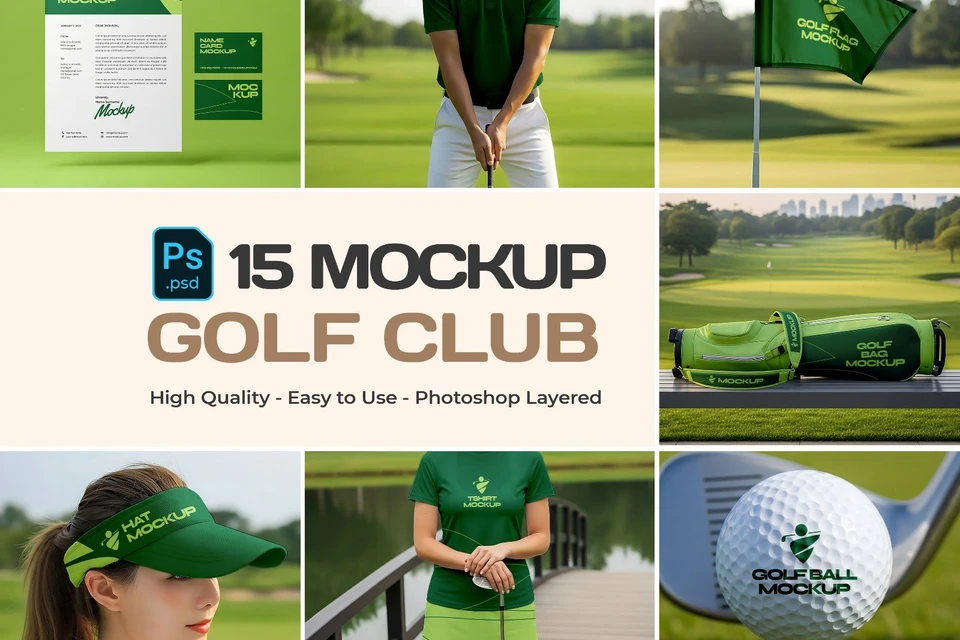 Golf Club Mockup Bundle – 15 PSD Templates for Sports Branding & Merchandise Design