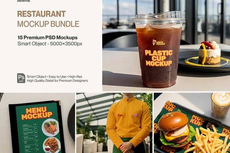 Restaurant Branding Mockup Bundle – 15 Premium PSD Mockups | Menu, Packaging, Cup & Uniform Mockups