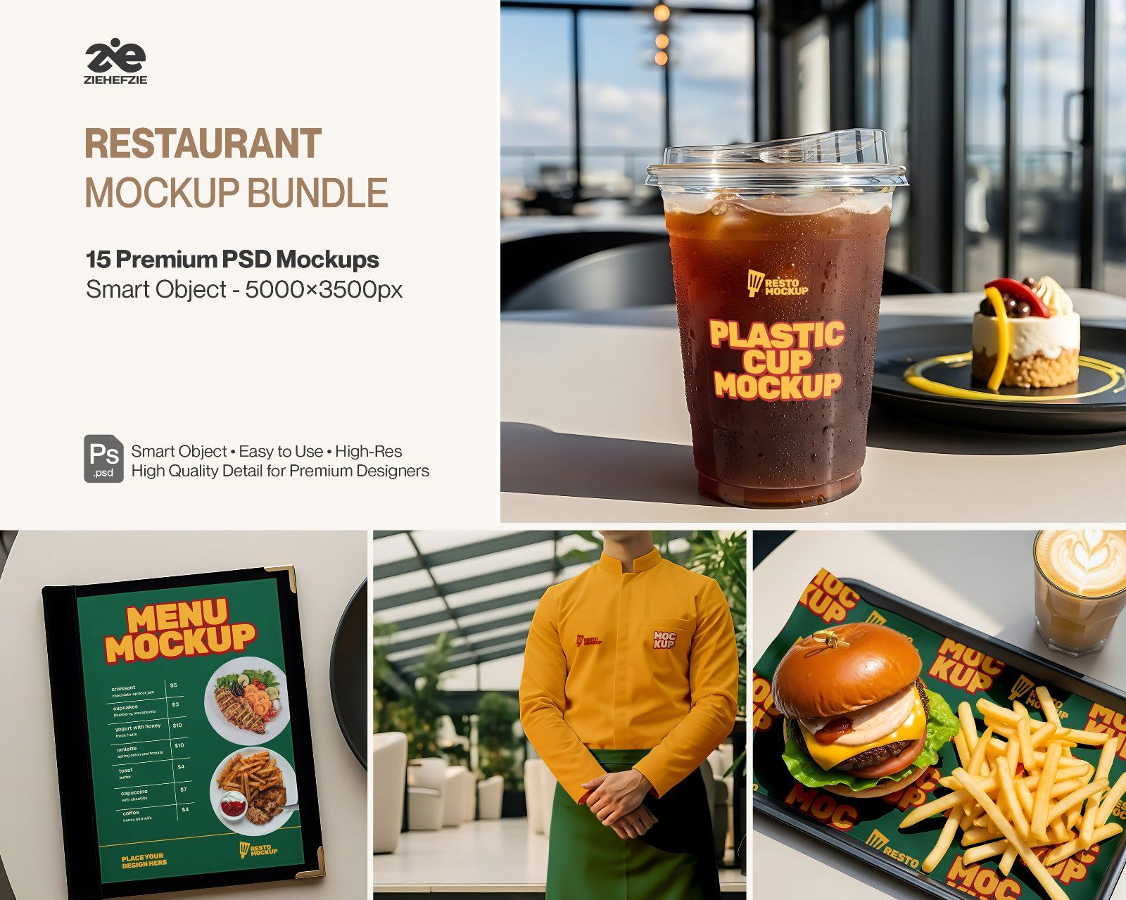 Restaurant Branding Mockup Bundle – 15 Premium PSD Mockups | Menu, Packaging, Cup & Uniform Mockups