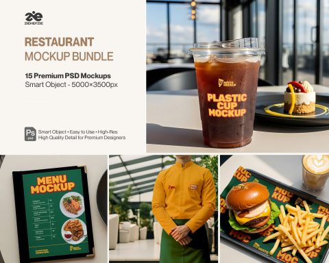 Restaurant Branding Mockup Bundle – 15 Premium PSD Mockups | Menu, Packaging, Cup & Uniform Mockups