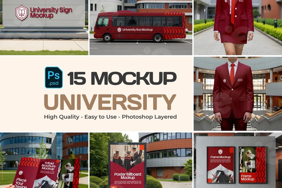 University Branding Mockup Bundle – 15 PSD Templates for Campus Signage, Uniforms, Posters & Bus Adv