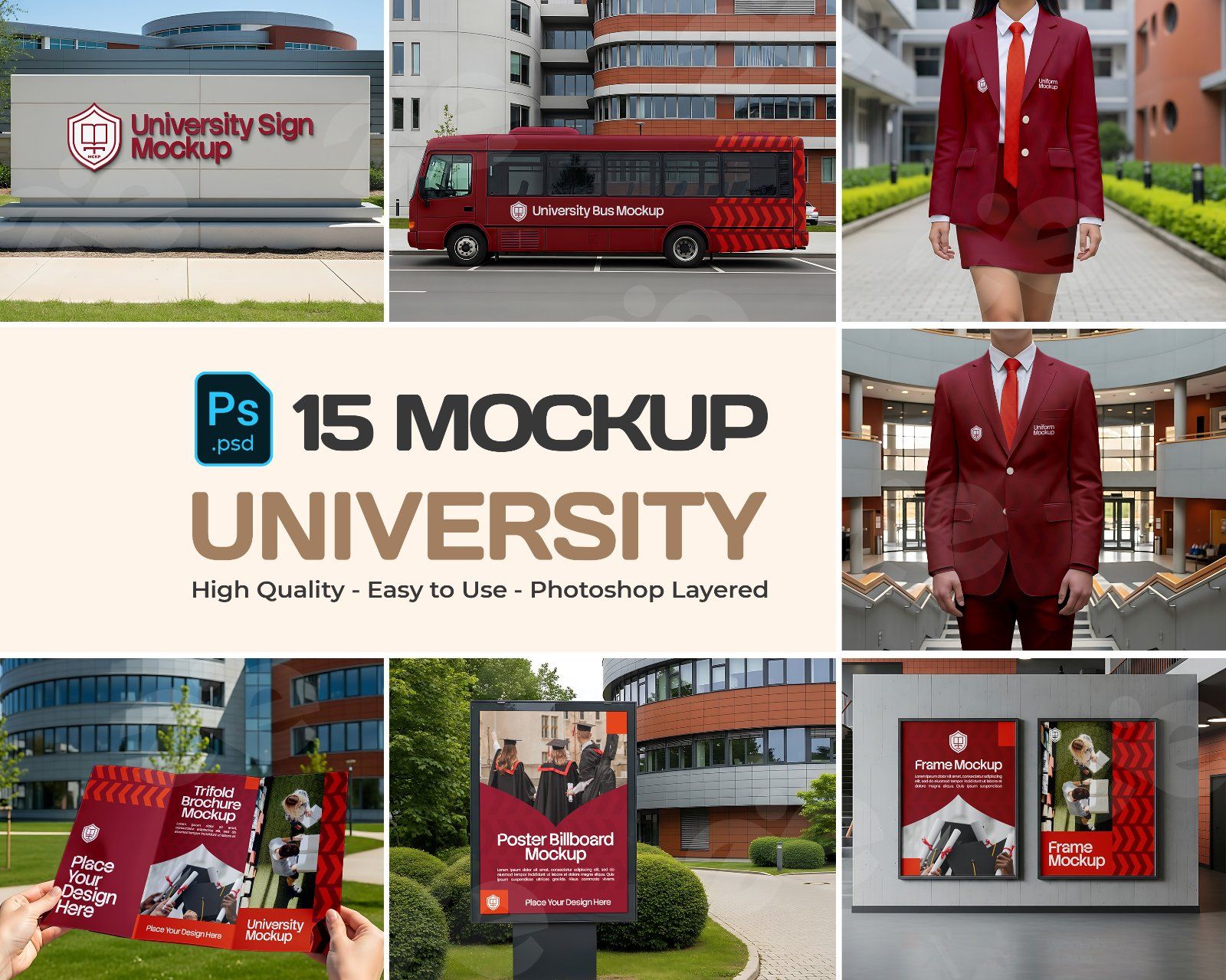 University Branding Mockup Bundle – 15 PSD Templates for Campus Signage, Uniforms, Posters & Bus Adv