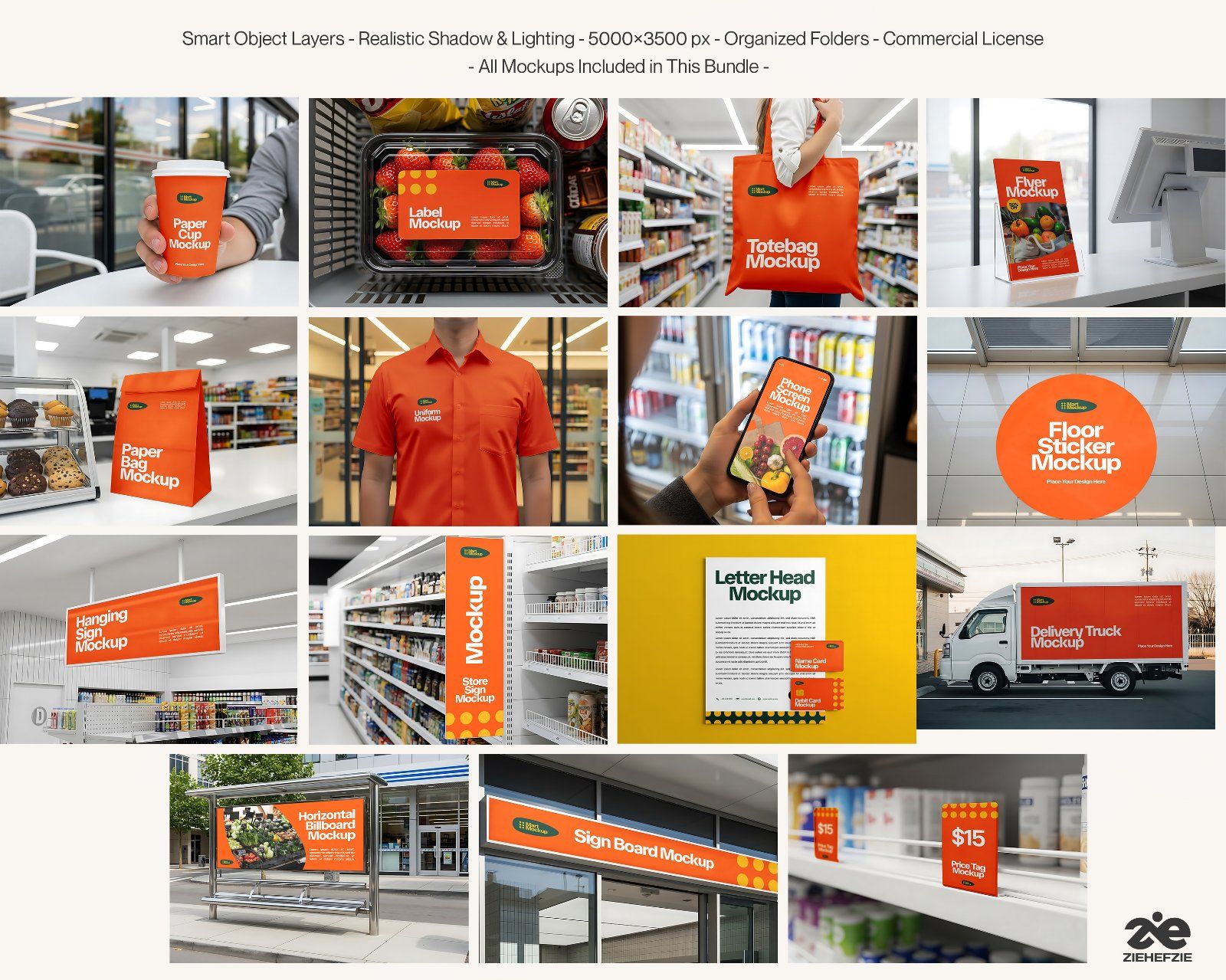 Minimarket 24-Hour Mockup Bundle – 15 PSD Mockup Retail Branding PSD Mockups