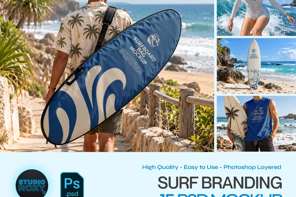 Surf Branding Mockup Bundle - 15 Surfboard & Surfwear PSD Mockups