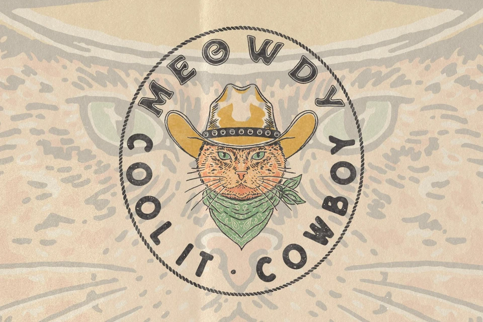 Meowdy Cowboy Cat Badge – Western Wild vintage Hand Drawn Illustration