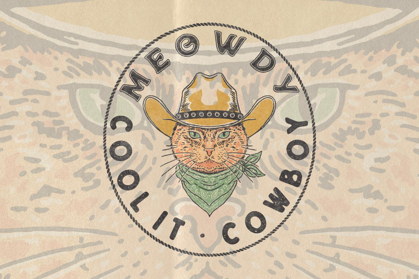 Meowdy Cowboy Cat Badge – Western Wild vintage Hand Drawn Illustration — image 1