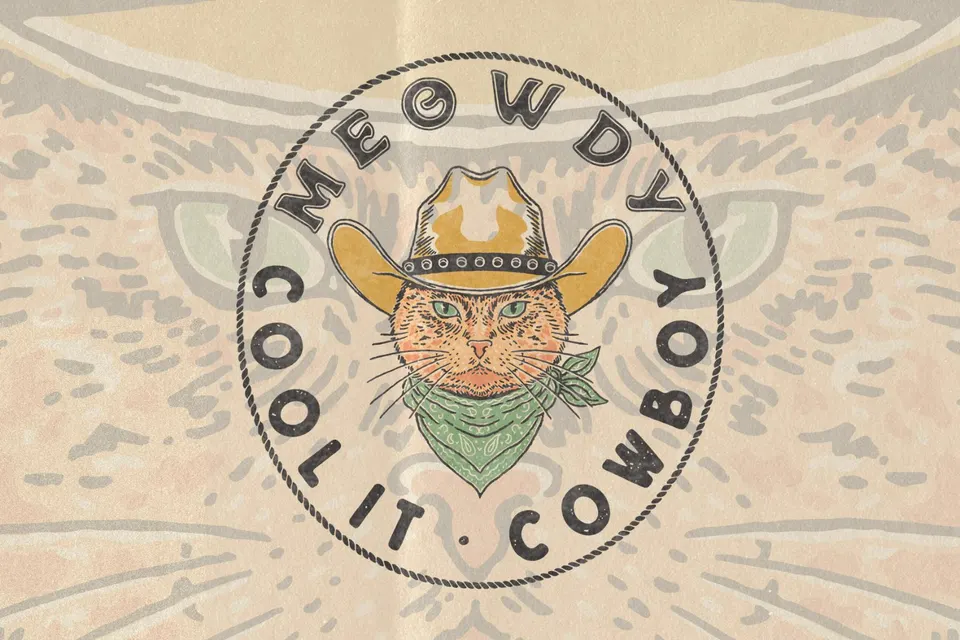 Meowdy Cowboy Cat Badge – Western Wild vintage Hand Drawn Illustration