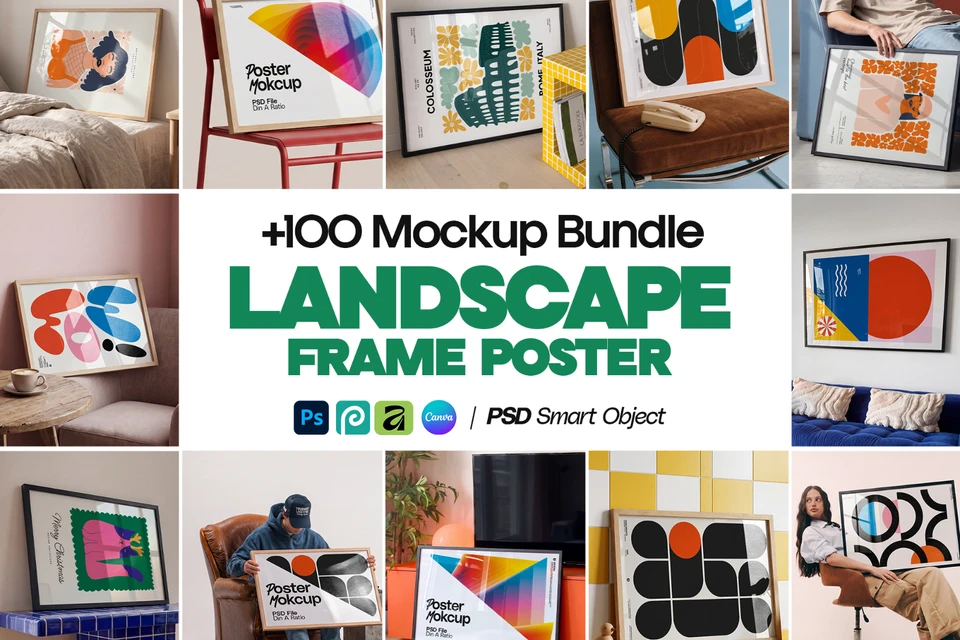 100 Horizontal Wall Frame Mockup Bundle, PSD Poster Mockups