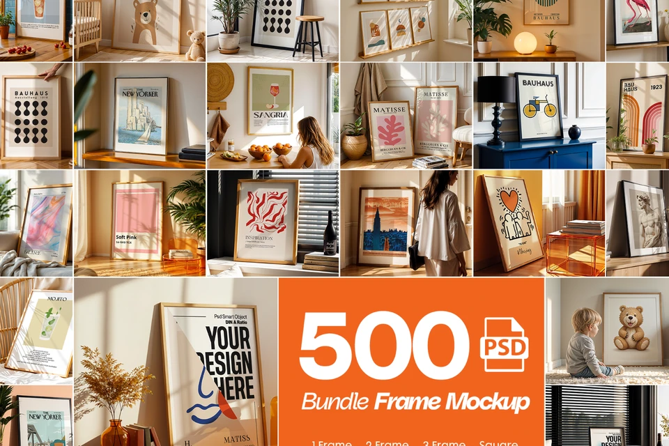 500+ Wall Art Frames Mockup PSD Bundle Set (Digital Download)