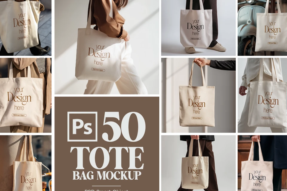 50 Fashion Tote Bag Mockups PSD Bundle with Smart Objects
