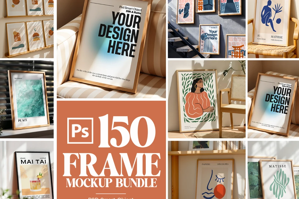 150 Poster Frame Mockup PSD Bundle, Wall Art Display , Din A Ratio