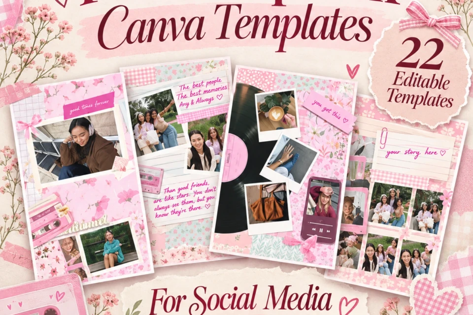 22 Editable Pink Scrapbook Canva Templates for Social Media