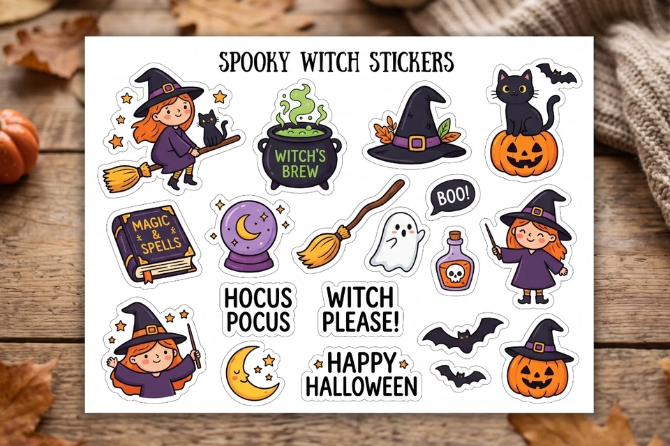 Halloween PNG with Patterns and a Flying Witch