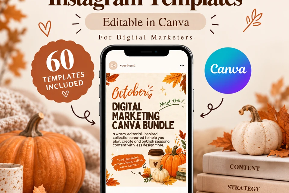October Instagram Canva Templates, Fall Content Kit for Digital Marketers