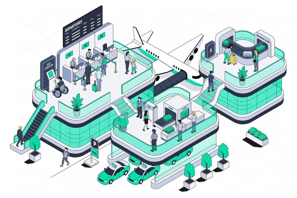 Hand Drawn Isometric Airport Terminal Illustration