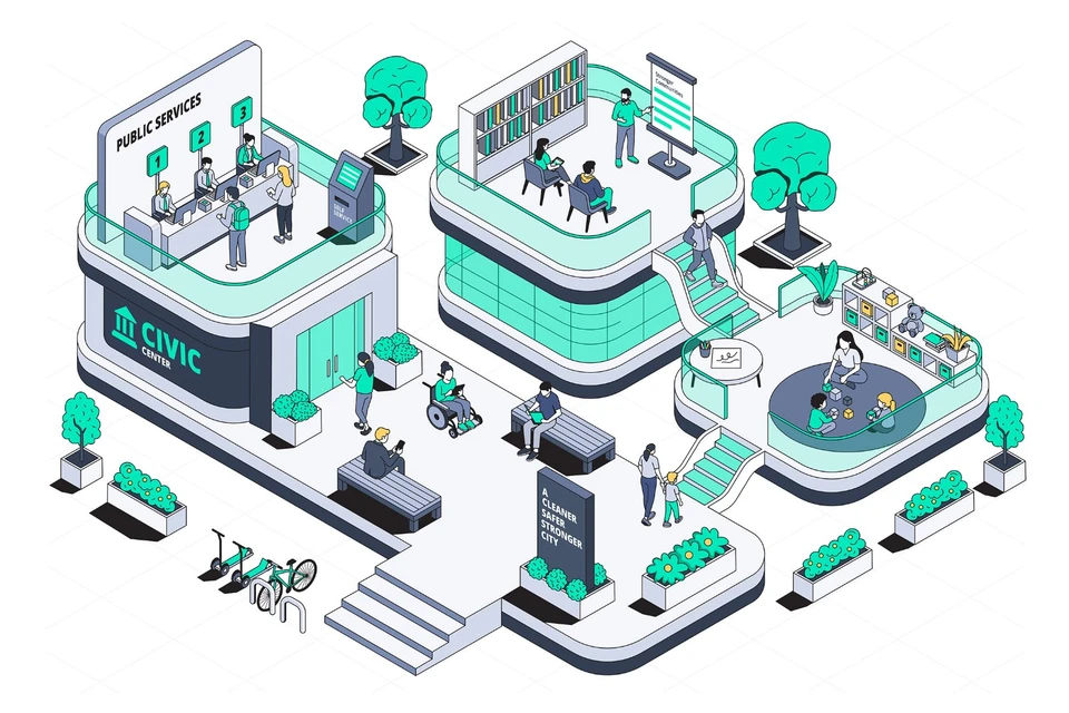 Hand Drawn Isometric Civic Center Illustration with Public Services and Urban Administration