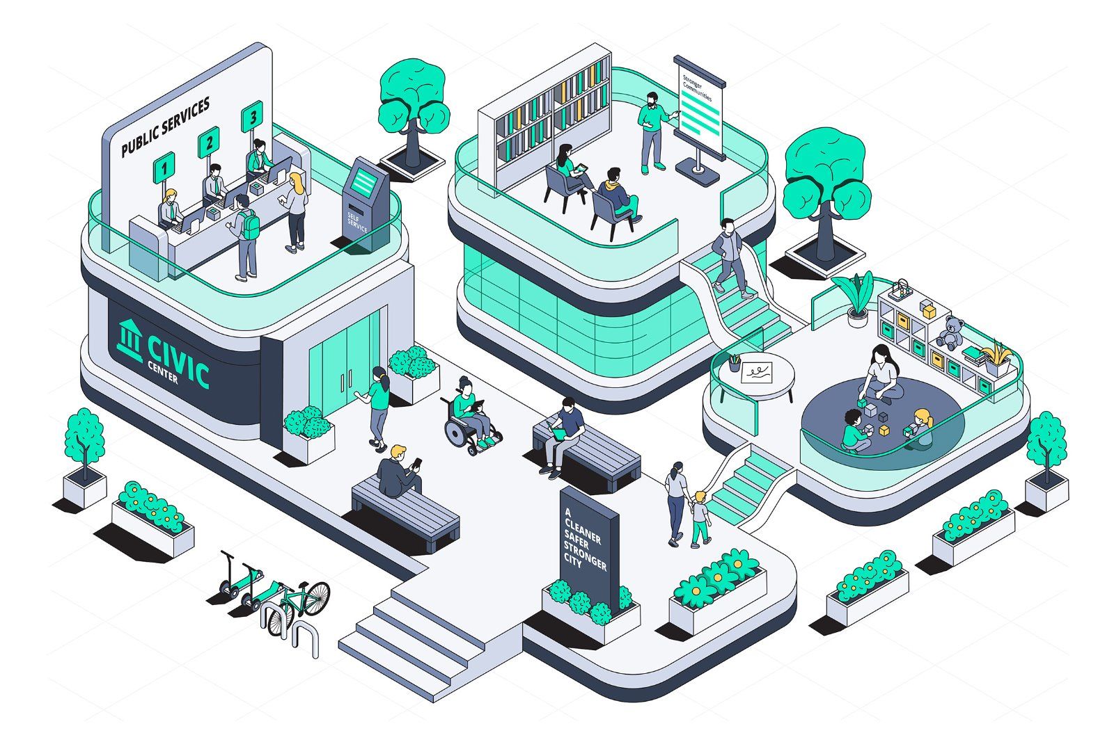 Hand Drawn Isometric Civic Center Illustration with Public Services and Urban Administration — image 1