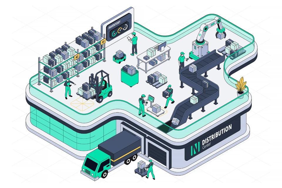 Hand Drawn Isometric Distribution Center Illustration