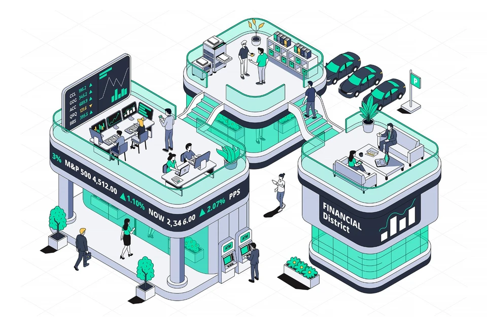 Hand Drawn Isometric Financial District Illustration