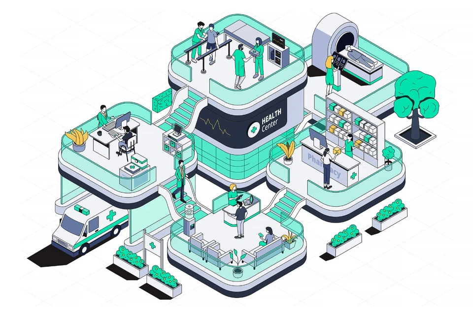 Hand Drawn Isometric Health Center Illustration