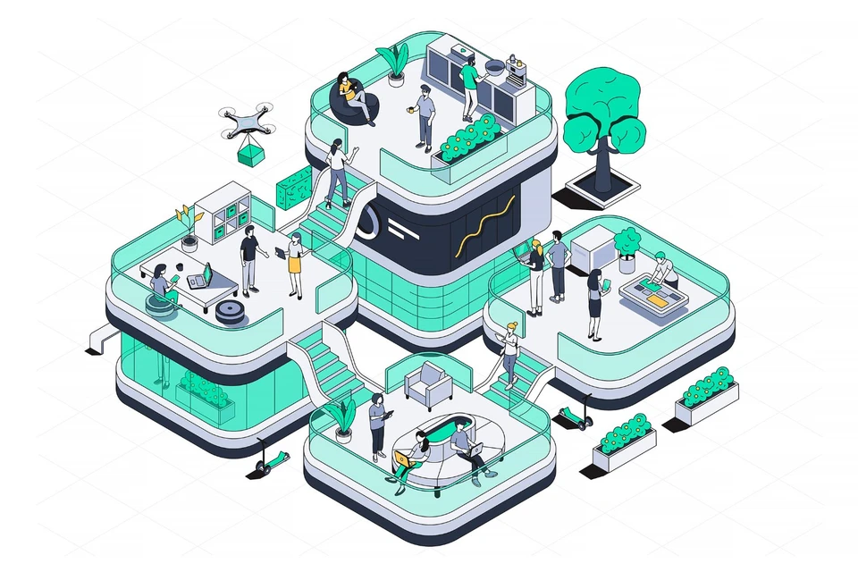Hand Drawn Isometric Office Campus with Modern Coworking Spaces and Team Collaboration