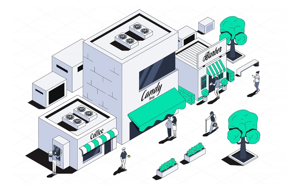 Shopping mall 3d isometric stores concept in isometry graphic design for web. People buying clothes