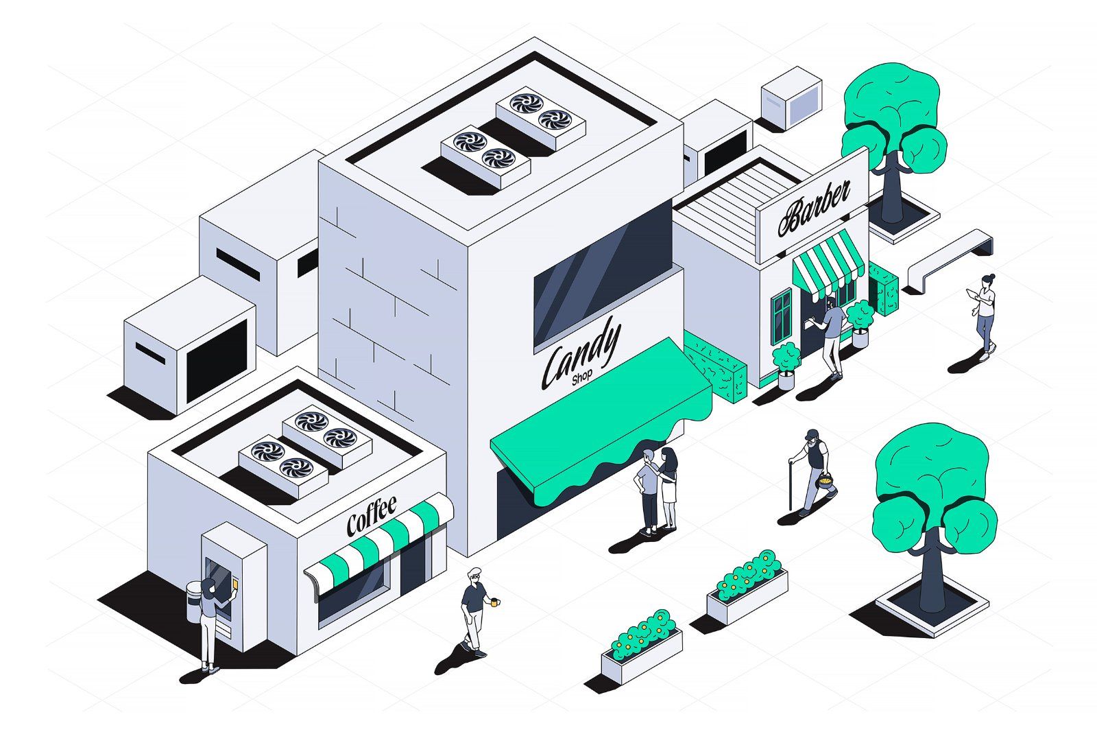 Shopping mall 3d isometric stores concept in isometry graphic design for web. People buying clothes — image 1