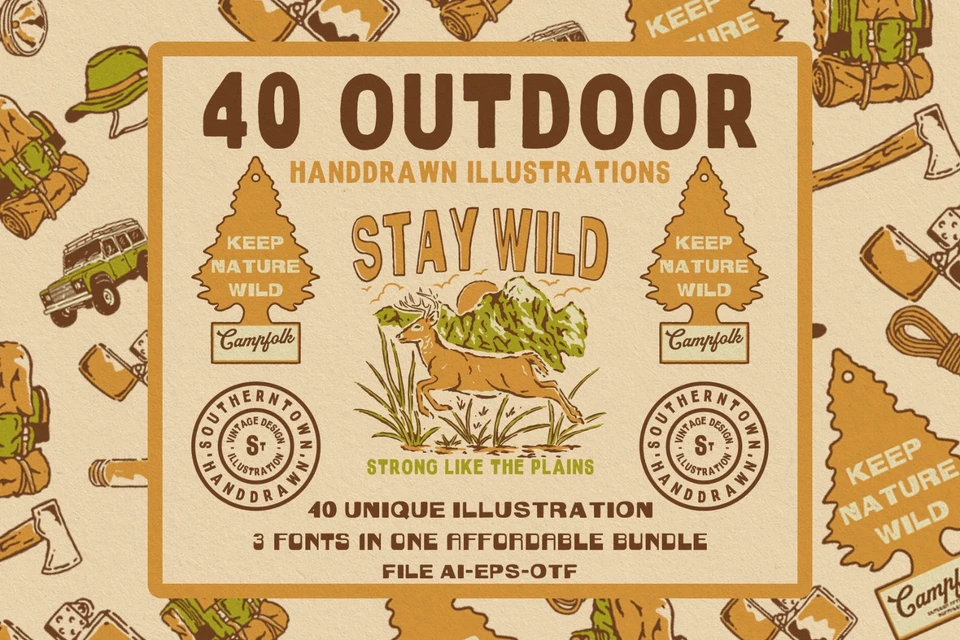 40 Outdoor Illustrations + Font use