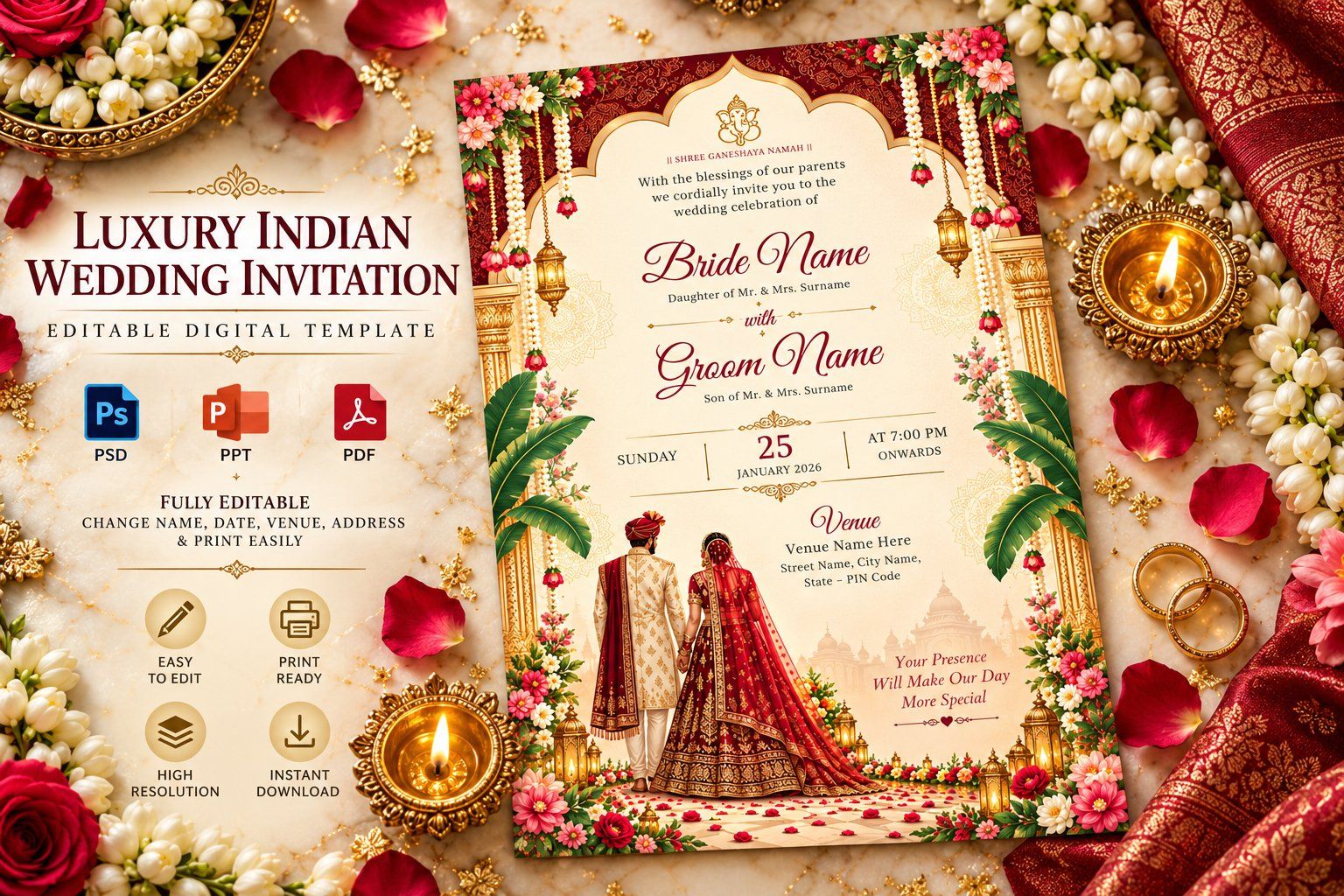 Luxury Indian Wedding Invitation Template | Editable PSD, PPT & PDF | Traditional Hindu Wedding Card — image 1