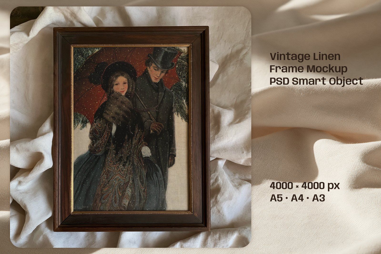 A4 Vintage Wood Frame Mockup, Natural Linen Art Flatlay, PSD Smart Object — image 2