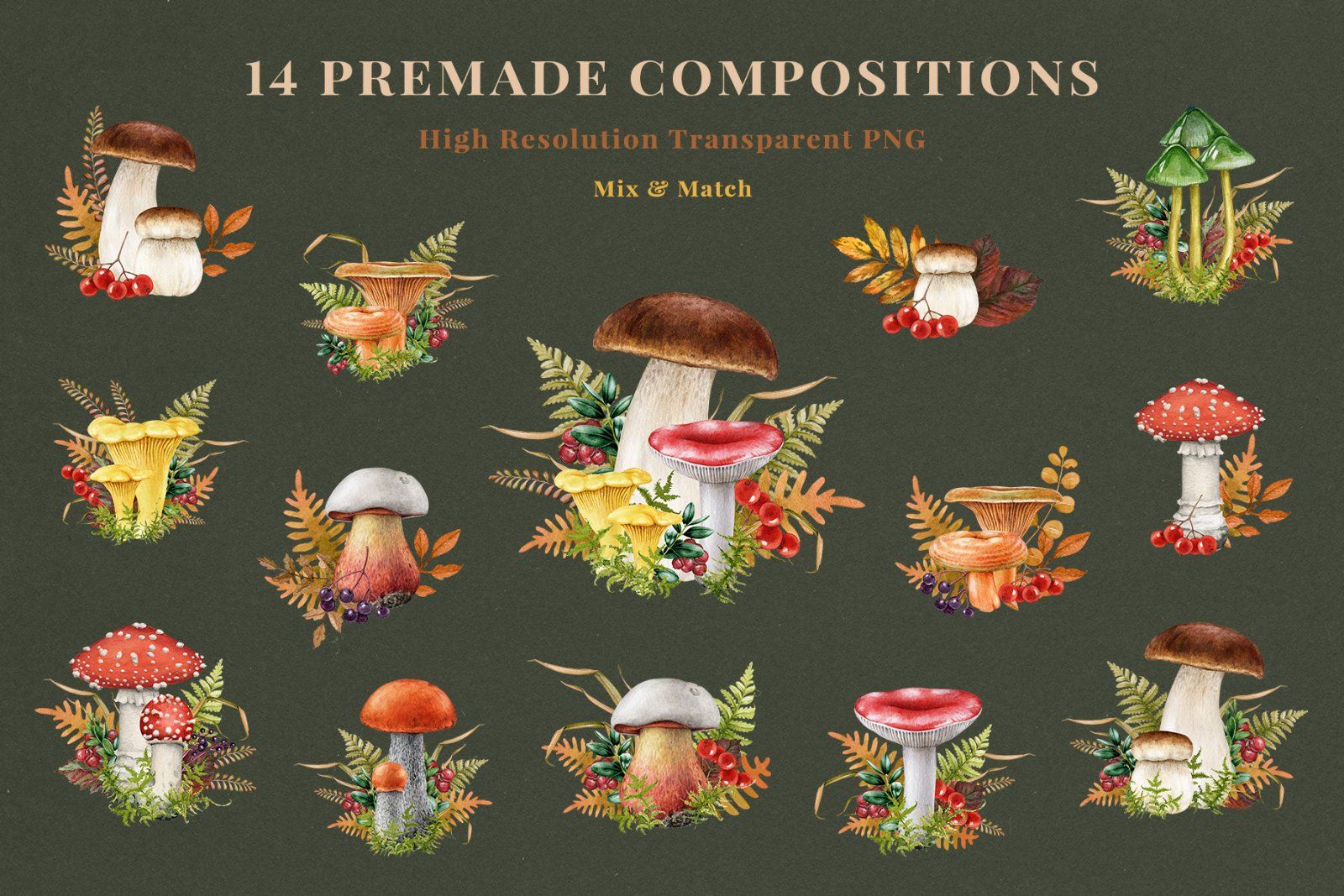 Fall Mushrooms Watercolor Clipart — image 6