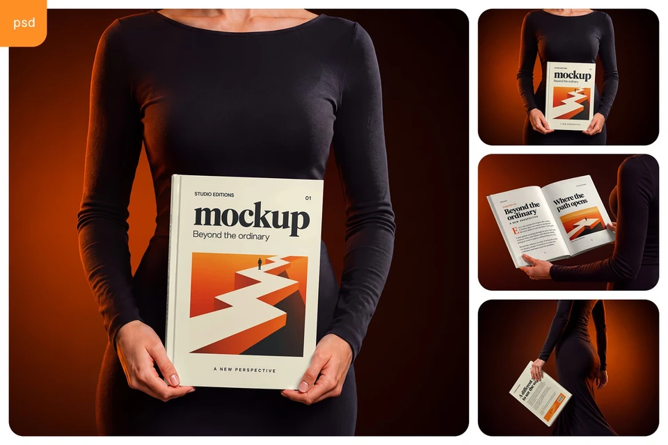 Woman Holding A4 Hardcover Book Mockup Set