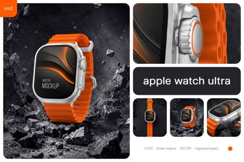 Apple Watch Ultra 2 Style Rugged Smartwatch Mockup Set