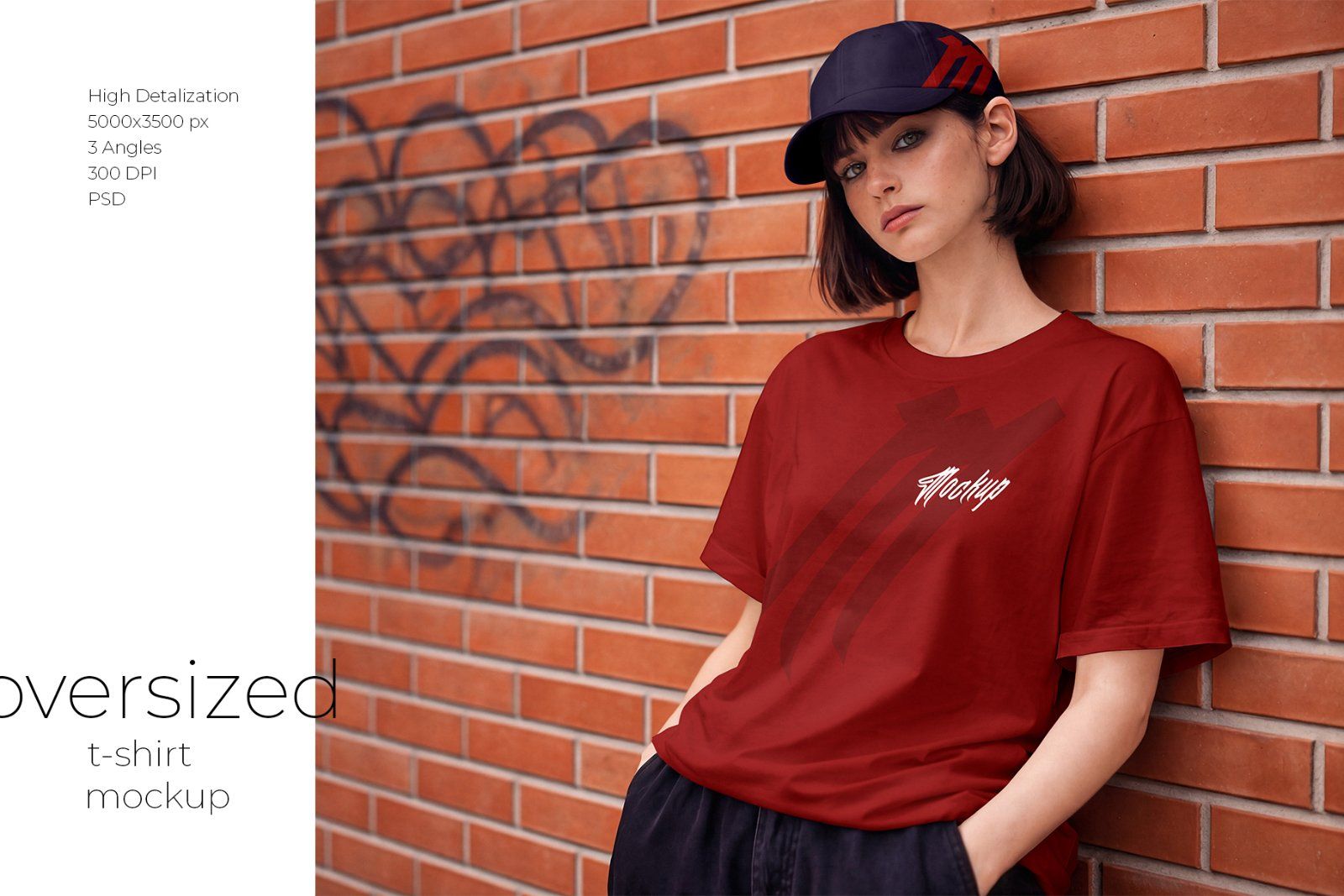 Girl wearing Oversized T-Shirt and Baseball Cap Mockup Set