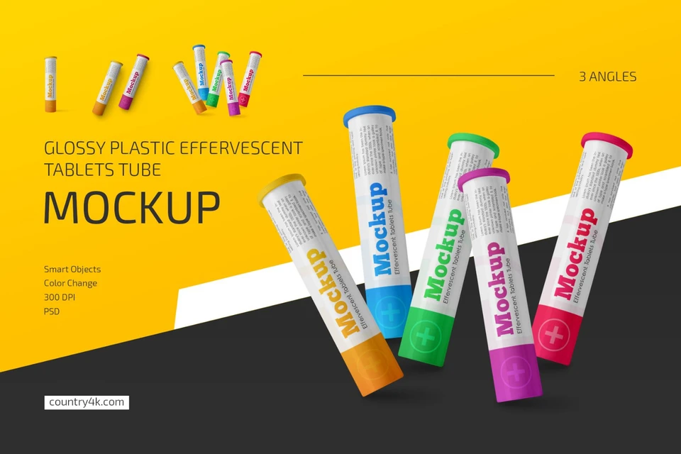 Glossy Plastic Effervescent Tablets Tube Mockup Set