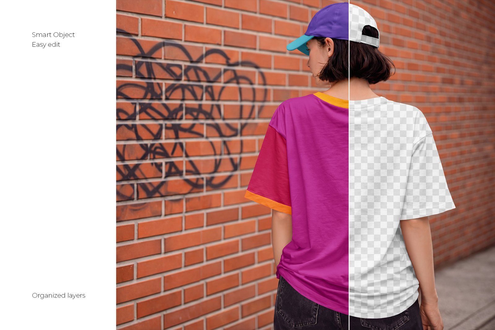 Girl wearing Oversized T-Shirt and Baseball Cap Mockup Set