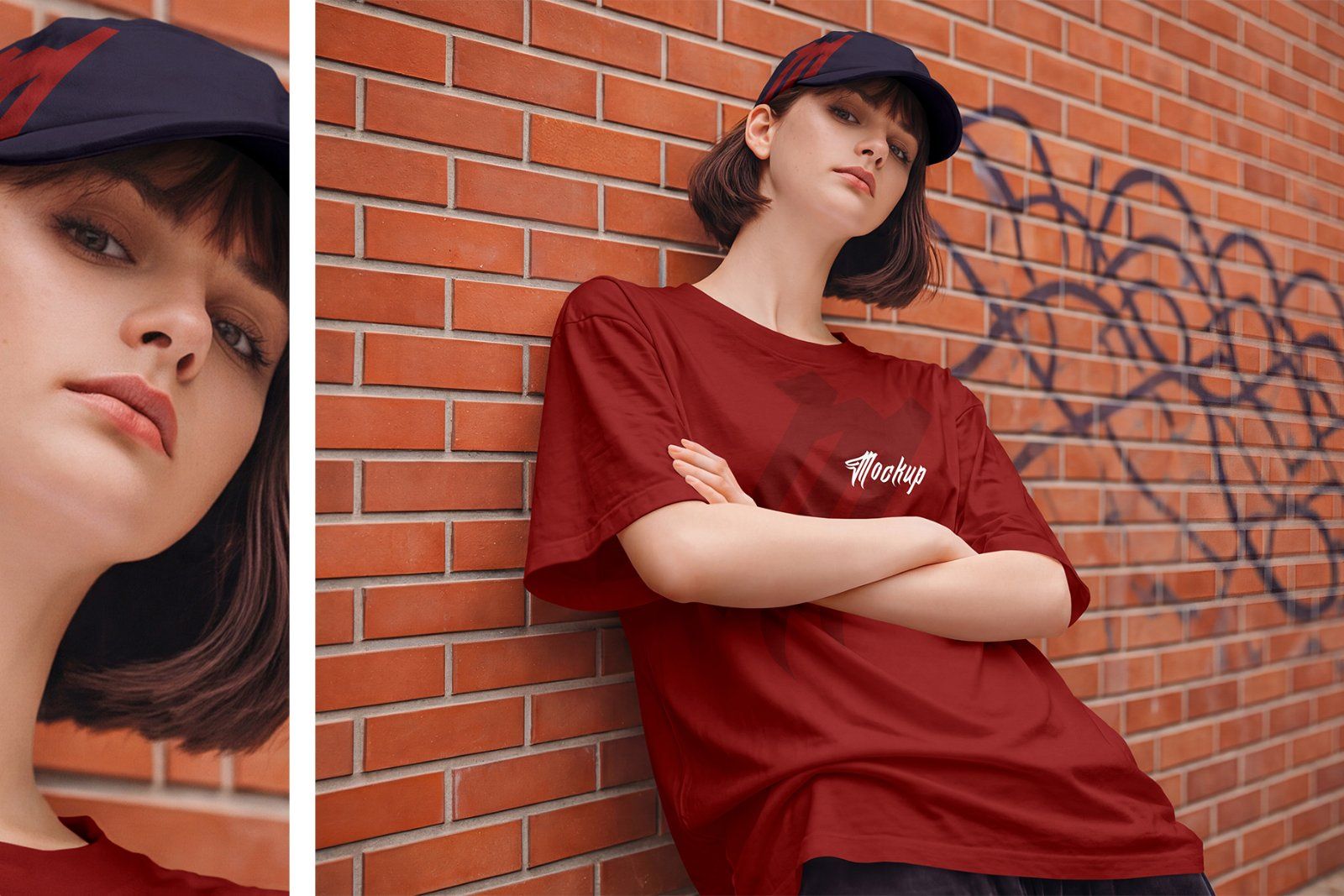 Girl wearing Oversized T-Shirt and Baseball Cap Mockup Set