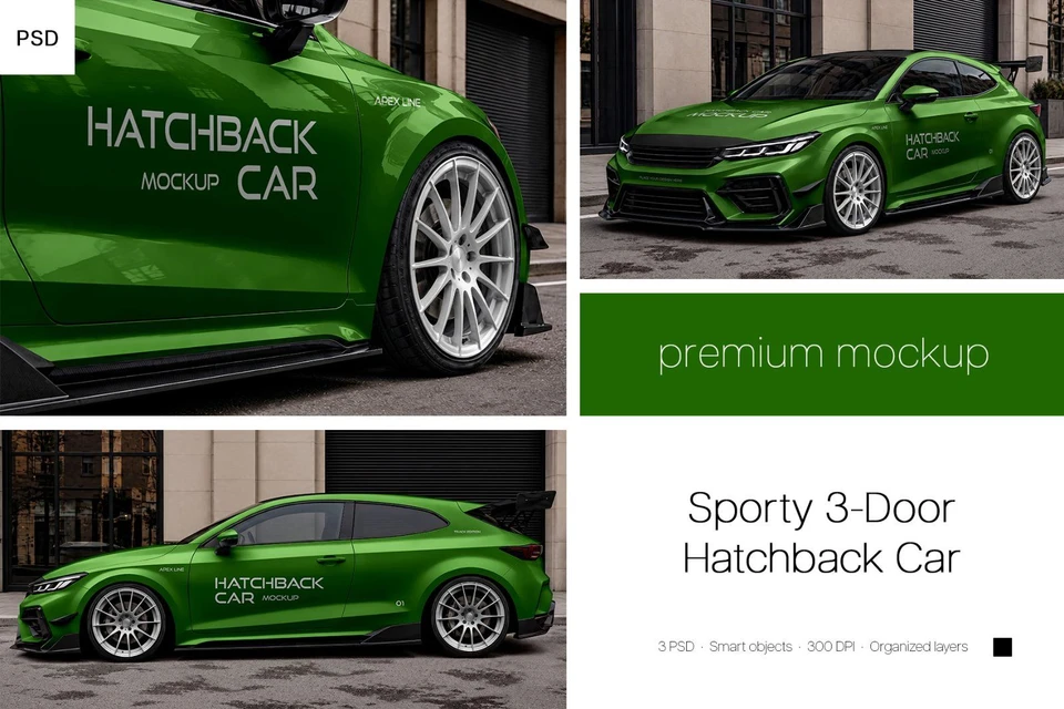 Sporty 3-Door Hatchback Car Mockup Set