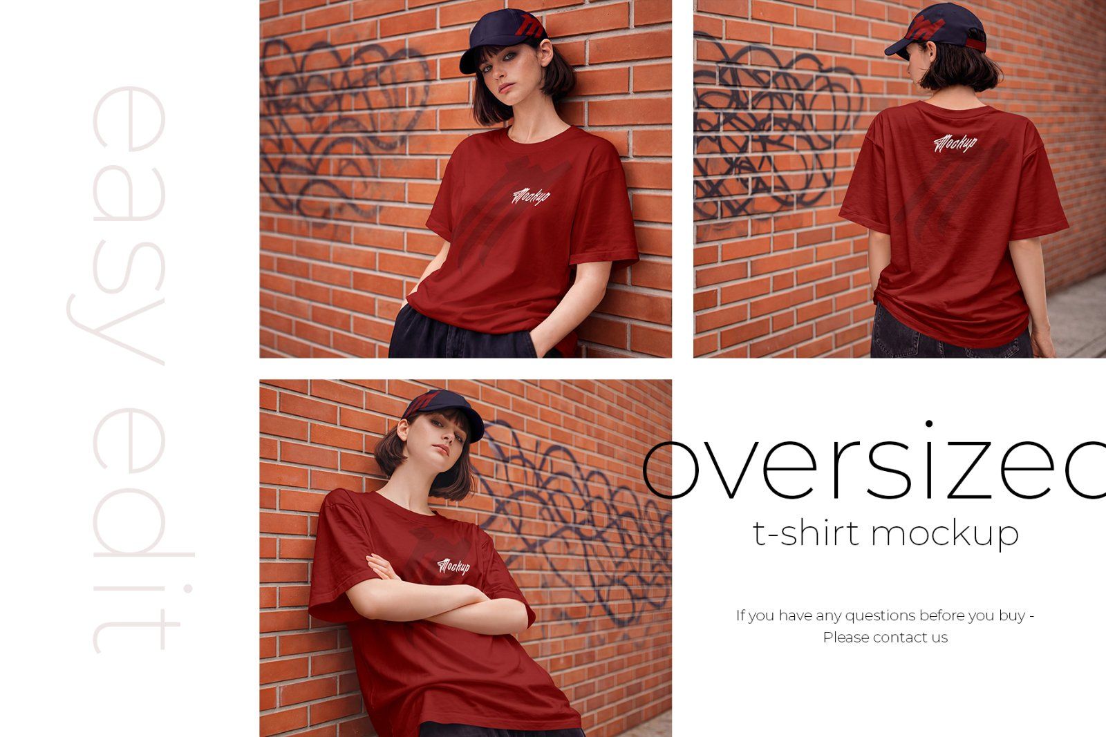 Girl wearing Oversized T-Shirt and Baseball Cap Mockup Set