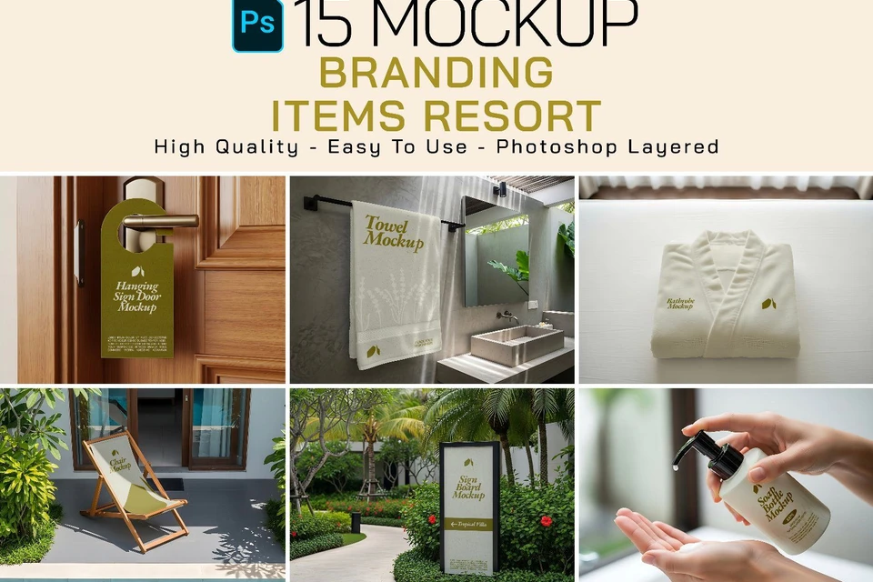 Premium Branding Items in Resort Mockup