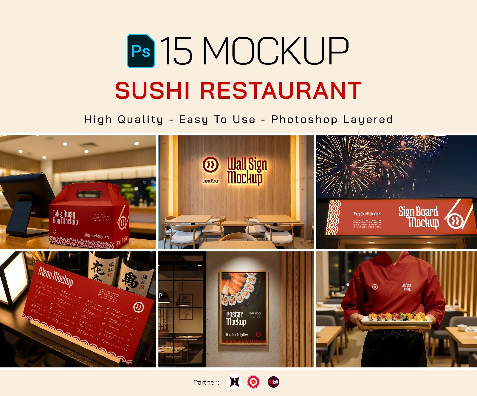 Premium Branding Red Japan Food Restaurant Mockup