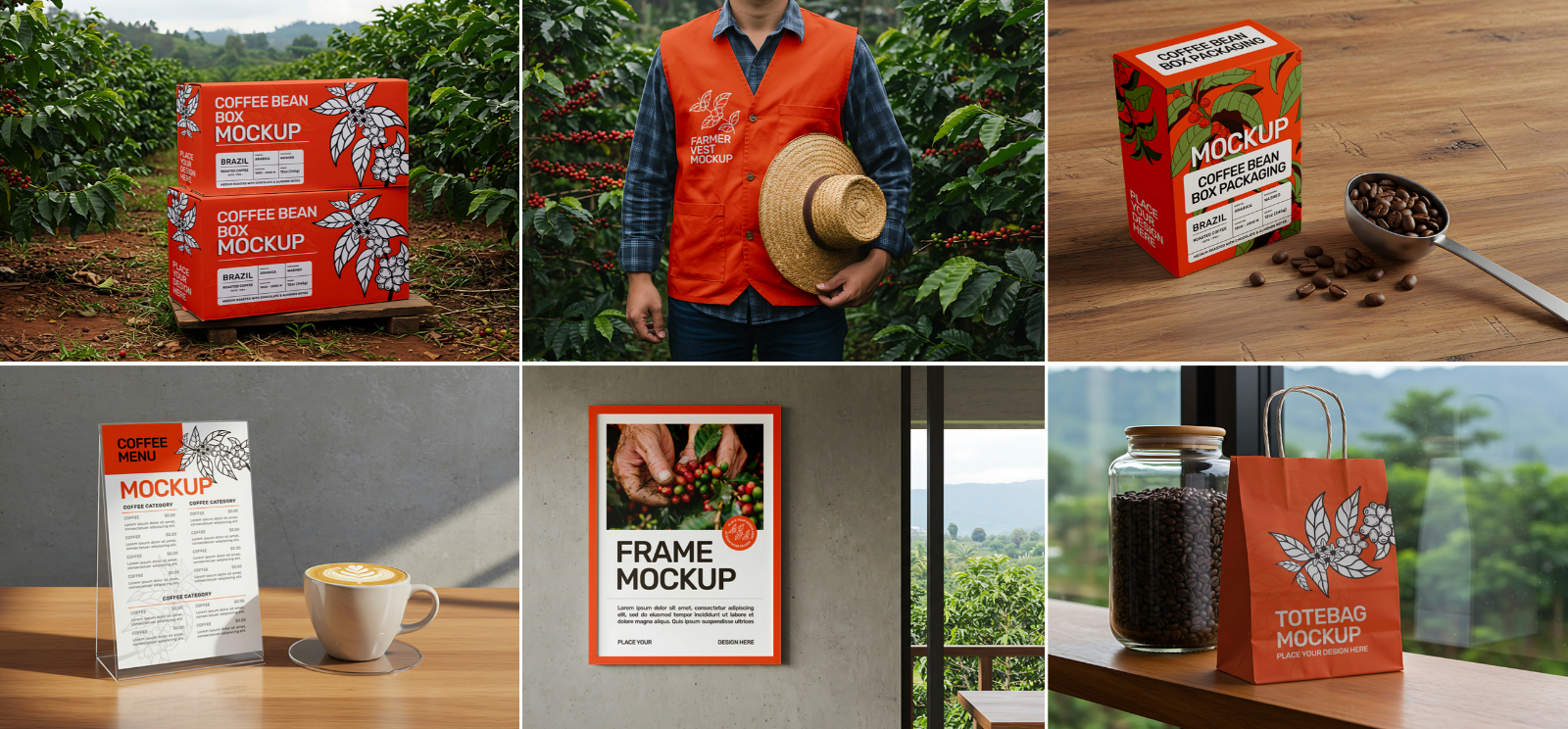 15 Coffee Factory Mockups – PSD Pouch, Can, Sack, Box, Billboard & Farm Branding Kit