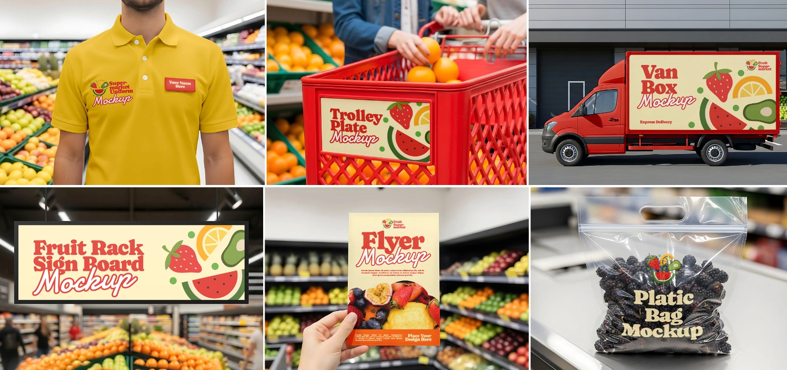 Fruit Market Mockup Kit – Juice Can, Plastic Bag, Price Tag, Cart, Uniform & More — image 3